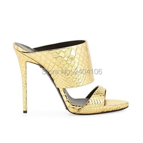 Metallic Leather Summer Shoes Female Sexy Open Toe Hollow Rome Sandals Women Slip On Stiletto Slides Thin High Heels Slippers