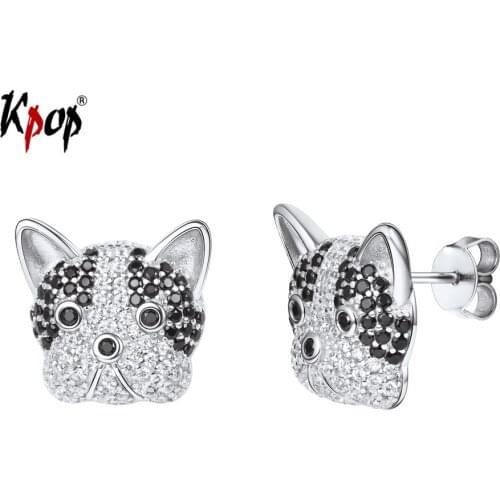 Kpop 925 Sterling Silver Akita Earrings Puppy Dog Jewelry Gifts for Her Yellow Gold Black Cubic Zirconia Bulldog Ear Studs E6323