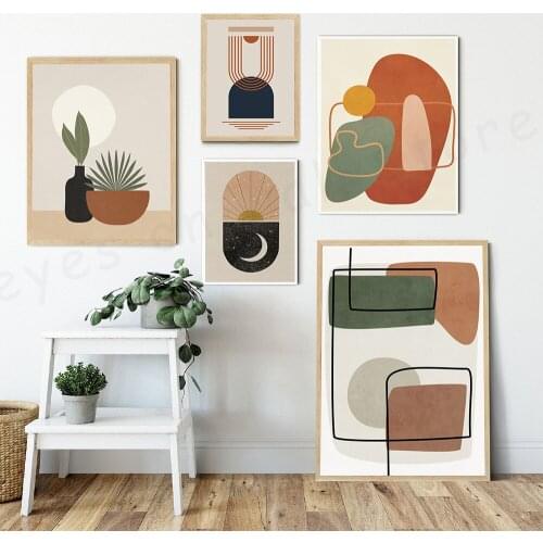 Modern Minimalist Line and Geometry Wall Art Canvas Painting Abstract Warm Color Art Poster Wall Picture for Living Room Decor