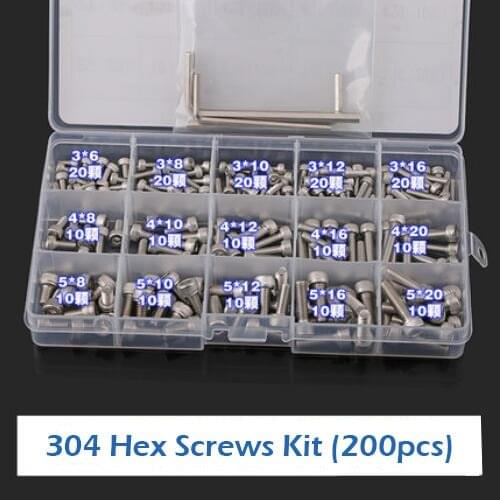 Hexagon Socket Head Cap Screws 200Pcs/set DIN912 M3 M4 M5 304 Stainless Steel bolt Bicycle Hex Bolts Assortment Kit