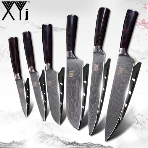 XYj Stainless Steel Kitchen Knife 6-piece Sets Cleaver Damascus Veins Pattern Fruit Utility Santoku Slicing Chef Cook Knives Set