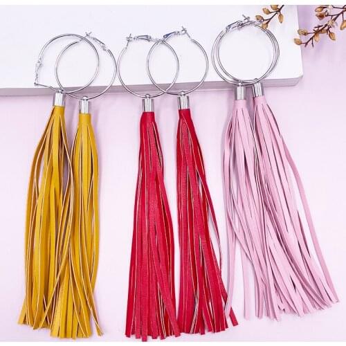 Minar Punk Cool Black Red Pink Leather Long Tassel Earrings for Women Gold Silver Color Hooks Hoop Earrings Statement Jewellery