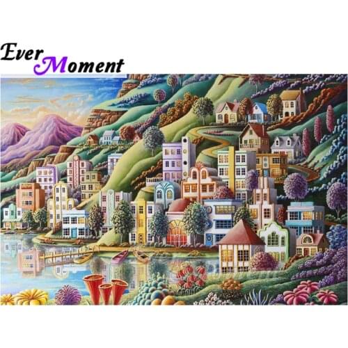 Ever Moment Diamond Painting Picture Of Rhinestone Mosaic Colorful Buildings Seaside Full Square Diamond Embroidery ASF1828