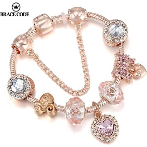 BRACE CODE Rose gold Brand Pink Crystal Heart Pendant Chain Charm Bracelet For Women LOVE Fashion Jewelry Gifts