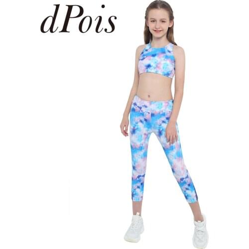 Children Sports Sets Girls Tie Dye Printed Sportswear Crop Top Leggings Gymnastics Sport Suits for Girls 2Pcs Kids Tracksuits