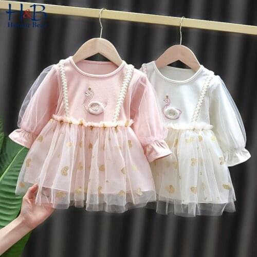 Humor Bear Baby Dress New Spring Autumn Long Sleeve Cartoon Printed Mesh Patchwork Princess Dress Toddler Clothes