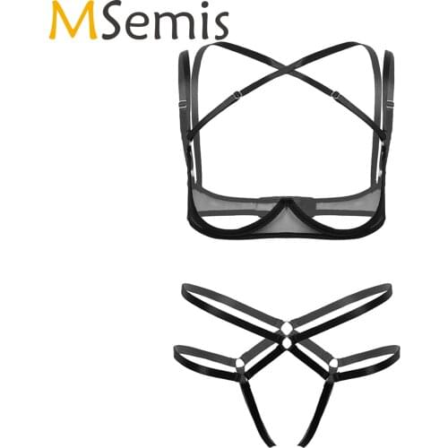 Women Skinny Bandage Lingerie Set Open Cups Bra Top with Crotchless G-string Thong See-through Mesh Sexy Outfits Nightclub Wear