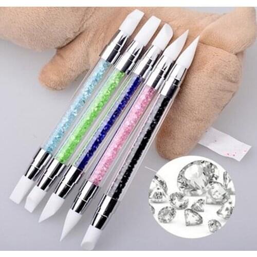 Double Way Rhinestone Silicone Head Nail Art Brush Carving Emboss Shaping Hollow Sculpture Pen Acrylic Manicure Dotting Tools