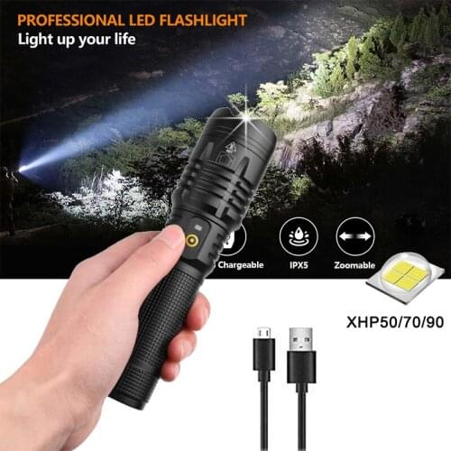On Sale XHP50 Flashlight XHP70 USB Rechargeable Flashlight Indicator Zoom Tactical Power Bank Light XHP90 Lantern For Camping