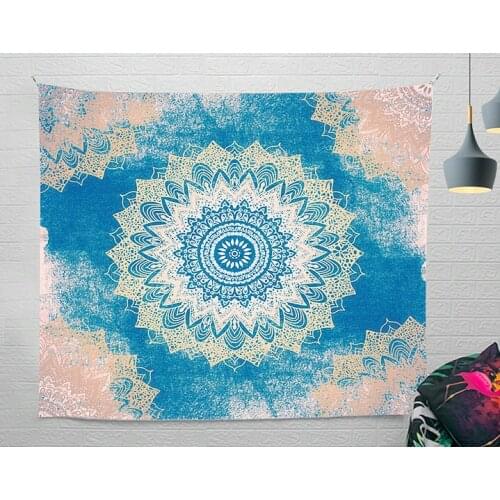 Dusty Blue Mandala Tapestry Vintage Exotic Orange Printing Nature Frame for Bedroom Photography Wall Decor