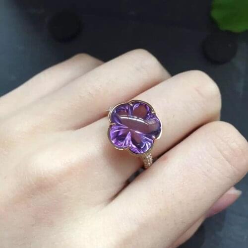 Fine Jewelry Real 18K Gold Plum Blossom 100% Natural Amethyst Gemstones Female Rings for Women Fine Ring