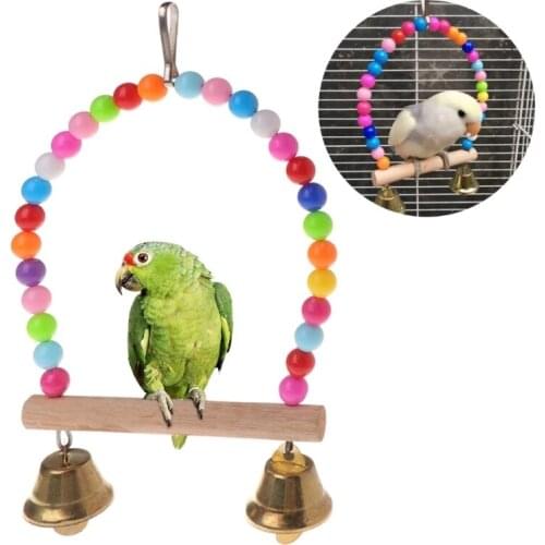 Parrot Toy Natural Wooden Parrots Swing Toy Birds Perch Hanging Swings Cage With Colorful Beads Bells Toys Bird Supplies