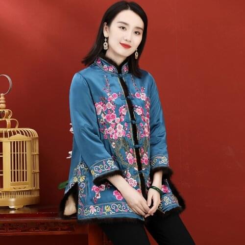 Chinese Style Cotton Jacket Womens Retro Disc Button Silk Acetate Embroidery Single-Breasted Slim Coat Plus Size M-3XL