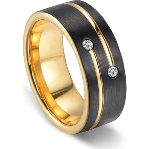 Classical 8mm Black Stainless Steel Ring for Men New Fashion Gold Grooved Line Rhinestones Wedding Band Mens Jewelry Accessories