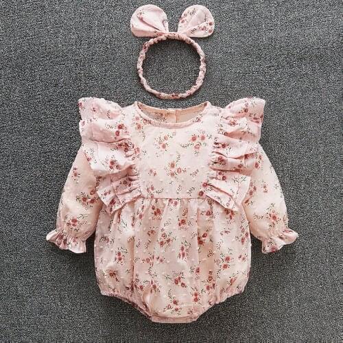 Newborn Baby Bodysuits Floral Autumn Long Sleeve Princess Girl Jumpsuit Outfits Clothes + Headbands