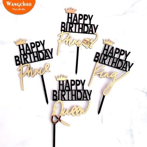 Crown Queen King Princess Prince Black Acrylic Happy Birthday Cake Topper Father Mother Gifts Party Supplies Cake Decoration