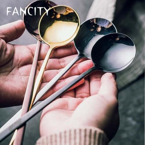 FANCITY High-grade stainless steel round spoon with long handle, household small soup spoon, seasoning spoon, restaurant coffee