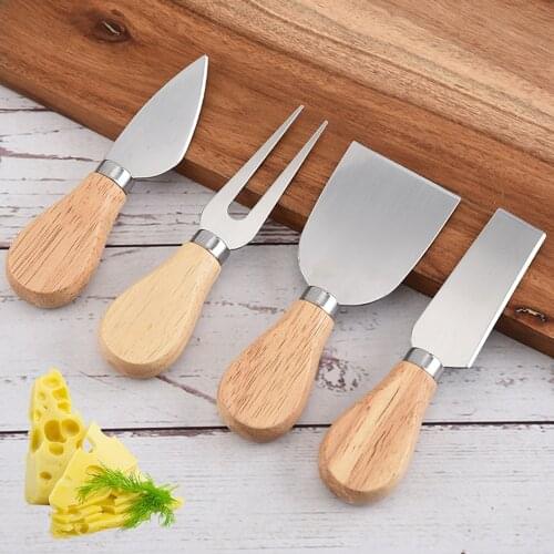 4 Cheese Knives Set Cheese Cutlery Steel Stainless Cheese Slicer Cutter Wood Handle Mini Knife,Butter Knife,Spatula& ForK