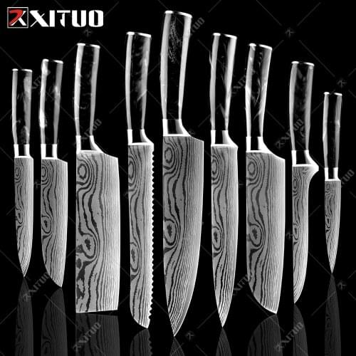 XITUO Kitchen Knives Set 1-9pcs Japanese Chef knife Black Resin Handle Damascus Pattern Santoku Cleaver Slicing Utility Knives