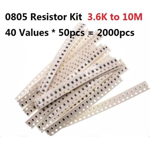 40 Values*50pcs=2000pcs SMD 0805 Resistor kit 3.6K Ohm-10M 5% Resistance Assorted kit set 4.7K 10K 100K 150K 470K 1M chips pack