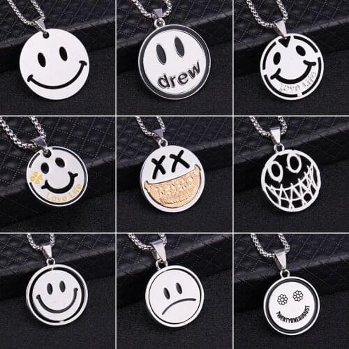 Rotating Smiley Face Double-sided Expression Necklace Pendant Trend Hip-hop Stainless Steel Long Chain Simple Jewelry 70cm