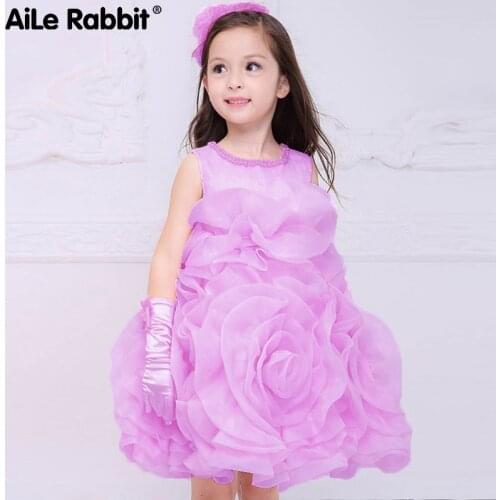 Princess Dress Party Dress Tutu Dress Big Flowers For Girls Pearl Dress Rose Flower Evening Dress Wedding Flower Girl Purple