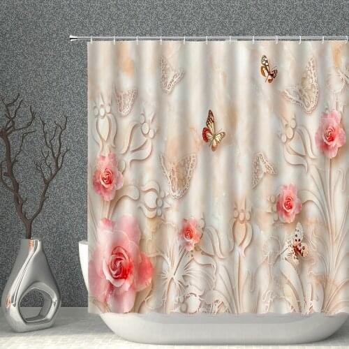 Low-key Luxury Rose Flower Butterfly Graphic Shower Curtain Waterproof Polyester Fabric Bath Curtains With Hooks 3D Printing