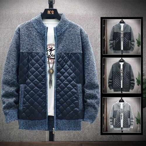 Knitwear sweater mens autumn and winter splicing long sleeve coat fleece thick warm cardigan jacket casual mens clothing