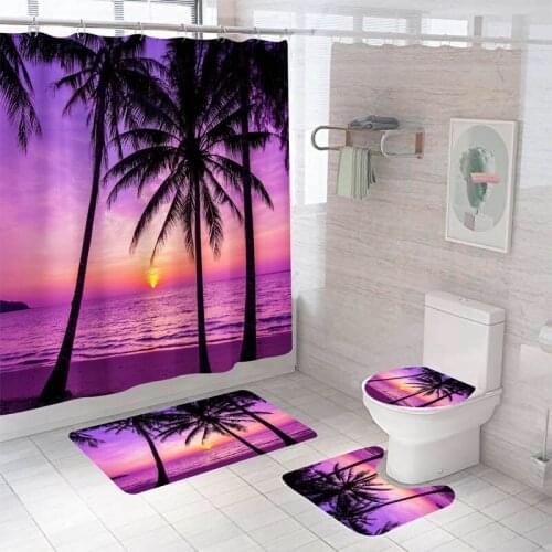 Waterproof Bath Shower Curtain Sets Toilet Seat Cover Non-Slip Bath Mat Rug Carpet Bathroom Decor Polyester Fabric Washable