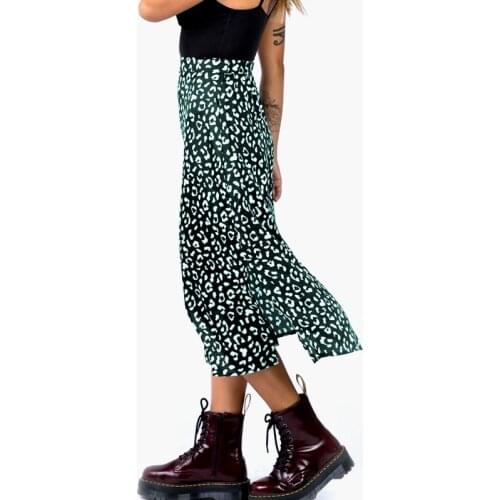 2021 Women Green Leopard Print Long Skirt Fashion Elegant Split Skirts With Invisible Zipper Clothing Summer