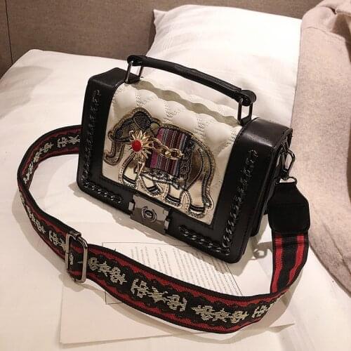 Wide Strap Vintage Embroidery Elephant Bag Bags PU Leather Hand Diamond Women Shoulder Crossbody Bag Bohemian Womens Handbags