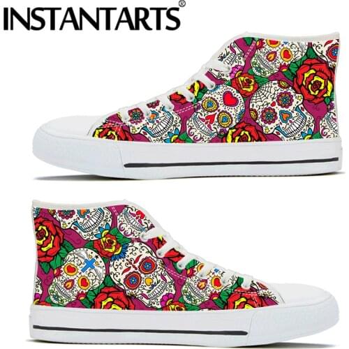 INSTANTARTS Sugar Skull Roes Dead Day Pattern Vulcanize Classic High Top Canvas Shoes Women Comfort Lace-up Casual Lady Sneaker