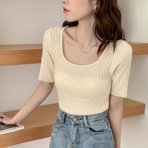 Square Collar Short Sleeve Pullover Women Sweater Knitted Crop Tops Slim 2021 Summer Sexy Korean Fashion Pullovers Para Mujer