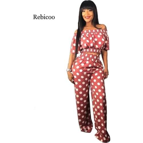 Summer Womens Office Lady Style 2 Piece Set Solid Color Dot Slash Collar Short Top Off-the Shoulder Elastic Long Wide-leg Pants