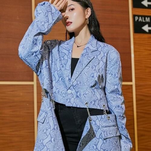 Autumn New Womens Loose Chic Chain Patchwork Suit Jacket Unique Design Notched Blazer Office Lady Casual Fashion Mujer chaqueta