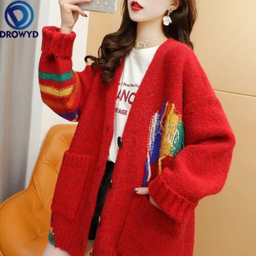 2021 New Autumn and Winter Sweater Cardigan Womens Mid-length Loose Design Lazy Red Knitted Jacket Single-breasted Sweater Coat
