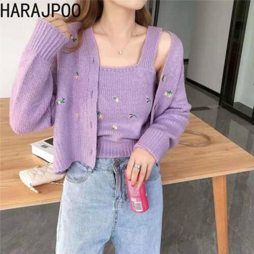 Harajpoo Cardigans Women Sets Vest 2021 Spring Autumn New Flower Embroidery Knitted Loose Sweater Jacket Matching Fashion Suit