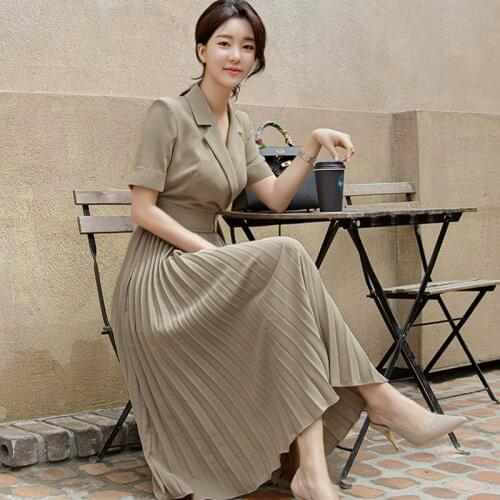 JSXDHK New Fashion Summer Office Ladies Dress Elegant Women Notched Collar Short Sleeve Pleated Long Work Solid Color Vestidos