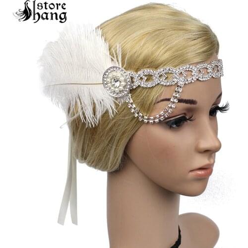 1920s Flapper Headpiece with Feathers Vintage Style Antique Rhinestone Tassels Chains Headband The Great Gatsby Hair Piece