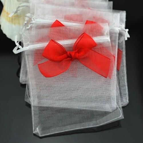 50Pcs Organza Red Bow Drawstring Pouch Jewelry Packing Gift Bag 10x12cm,Candy Party New Year Christmas Wedding Favor Organza Bag