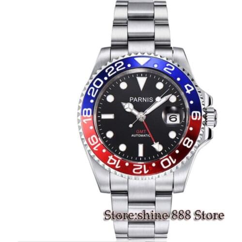 40mm parnis black dial red GMT bezel Sapphire Glass Automatic mens watch
