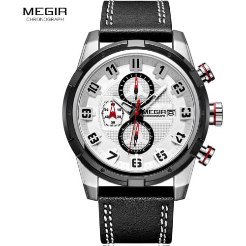 MEGIR Mens Waterproof Chronograph Quartz Watches Fashion Leather Strap Sports Analogue Wrist Watch for Man 2082GS-BK-7