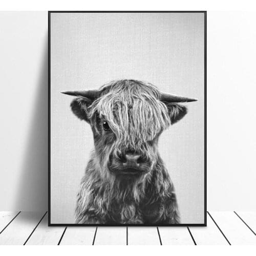 Black White Highland Calf Canvas Painting Art Print Poster Picture Wall Modern Minimalist Bedroom Living Room Decoration