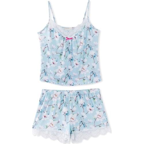 Neatie kiddie Sexy Nightwear Print Home Pajamas Sets Women Floral Print Sleeveless V-neck Strap Camis Tops Lace Patchwork Shorts