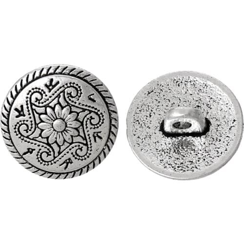 DoreenBeads Metal Shank Button Round Antique Silver color Single Hole Flower Pattern 15mm Dia,100 PCs 2017 new