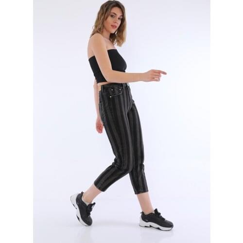 High Waist Thick Striped Mom Jeans Pant for Women Streetwear Loose Female Denim Jeans Buttons Zipper Ladies Jeans