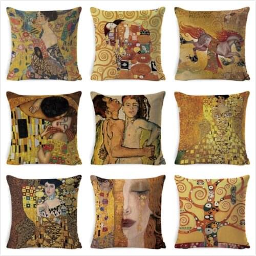 Gustav Klimt Painting Cushion Cover Gold Pattern Print Pillow Cover Linen Cotton 45*45 CM Throw Pillowcase Decorative For Home