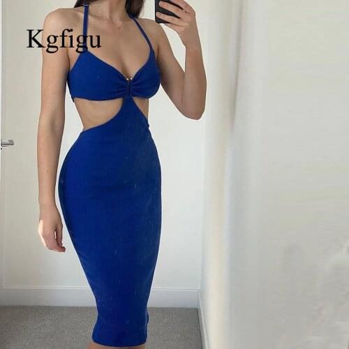 KGFIGU Knitted Rib Blue Party Dresses Women Sexy Strap Bodycon Slim Pencil Vestidos Lady Soft Backless Clothing Dropshipping