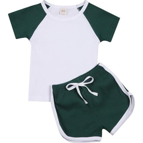 2Pcs Baby Newborn Girls Boys Patchwork Ribbed Sets Short Sleeve O Neck Top Solid Shorts Infant Toddler Summer Outfits 6M-4T