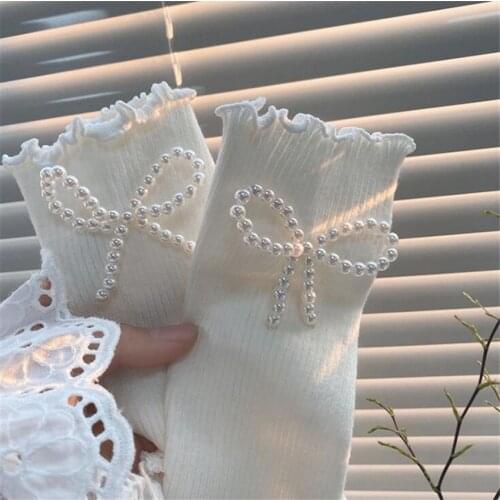 Lolita White Black Maid Girls Pearl Bow Top Socks Leggings Sexy JK Cotton Stocking B1813